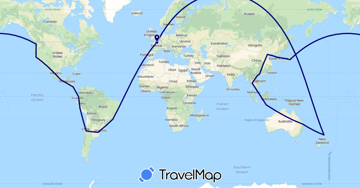 TravelMap itinerary: driving in Argentina, Australia, Brazil, Chile, China, Costa Rica, Ecuador, France, Indonesia, Japan, South Korea, Mexico, New Zealand, Peru, Thailand, United States, Vietnam (Asia, Europe, North America, Oceania, South America)